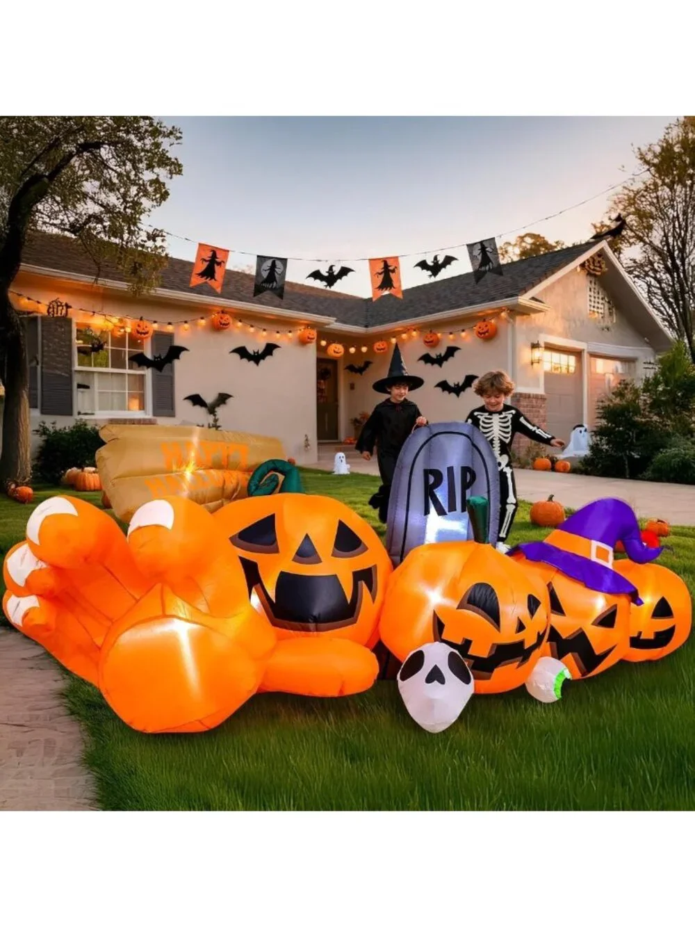 9.2 Ft Halloween Inflatable Yard Decor - LED Pumpkin, Gravestone & Witch Hat